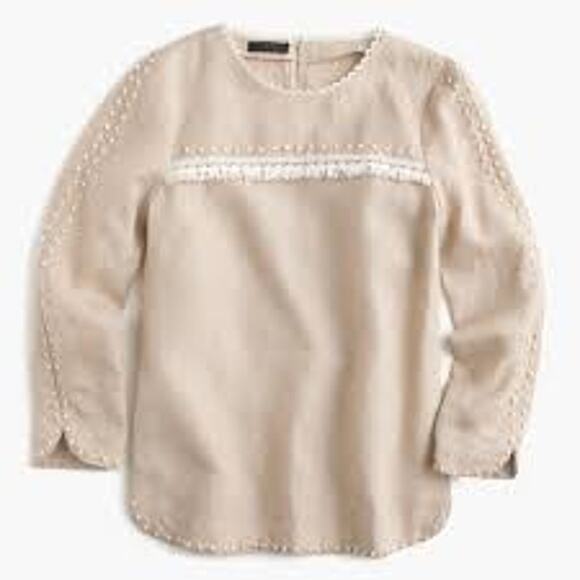 J Crew Womens Size 2 Cream White Embroidered Linen Top with Pom Poms Crew Neck - Picture 11 of 12